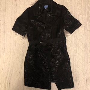 Simply Vera M black brocade mid length trench coat w belt EUC